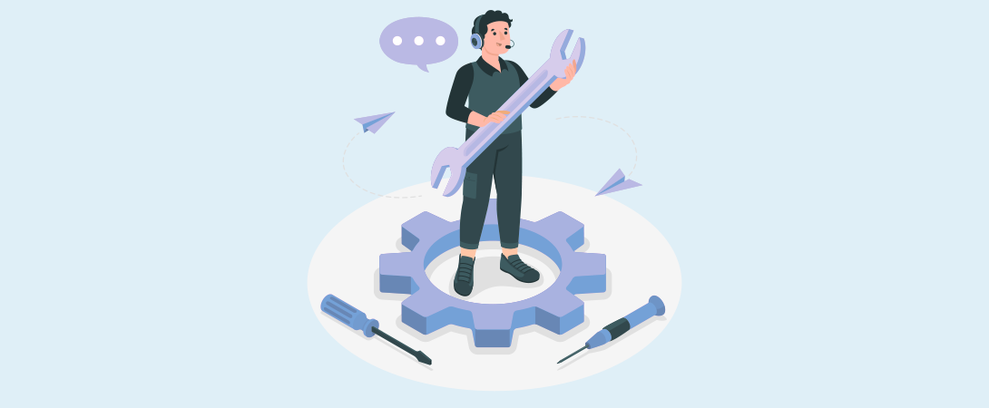 Die Bedeutung von Soft Skills in modernen Unternehmen Eine Karikatur einer Person welche mit Werkzeug auf einem großen Zahnrad steht